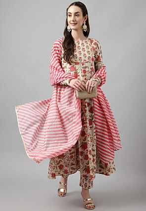 Digital Printed Cotton Anarkali Suit in Light Beige