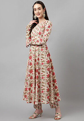 Digital Printed Cotton Anarkali Suit in Light Beige