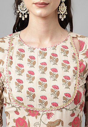 Digital Printed Cotton Anarkali Suit in Light Beige