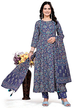 Digital Printed Cotton Anarkali Suit in Navy Blue