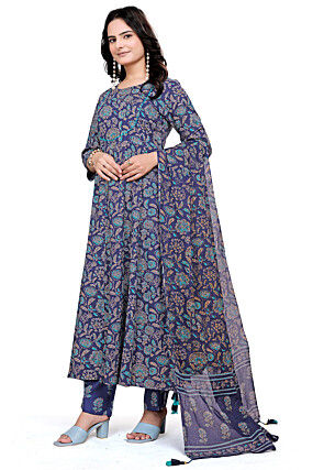 Digital Printed Cotton Anarkali Suit in Navy Blue