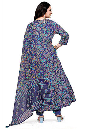 Digital Printed Cotton Anarkali Suit in Navy Blue
