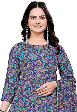 Digital Printed Cotton Anarkali Suit in Navy Blue