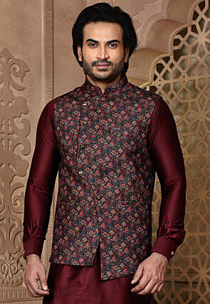 Digital Printed Cotton Asymmetric Nehru Jacket in Multicolor