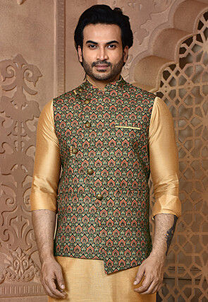 Digital Printed Cotton Asymmetric Nehru Jacket in Multicolor