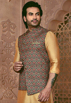 Digital Printed Cotton Asymmetric Nehru Jacket in Multicolor