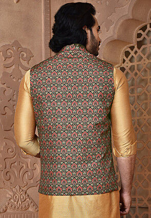 Digital Printed Cotton Asymmetric Nehru Jacket in Multicolor