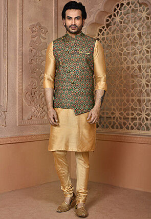 Digital Printed Cotton Asymmetric Nehru Jacket in Multicolor