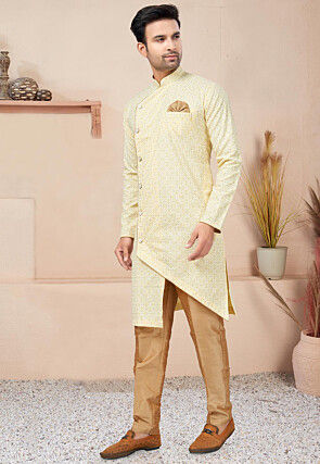 Digital Printed Cotton Asymmetric Sherwani in Light Yellow