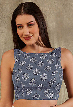 Digital Printed Cotton Blouse in Dusty Blue