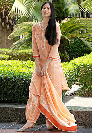 Digital Printed Cotton Cambric Punjabi Suit in Light Orange