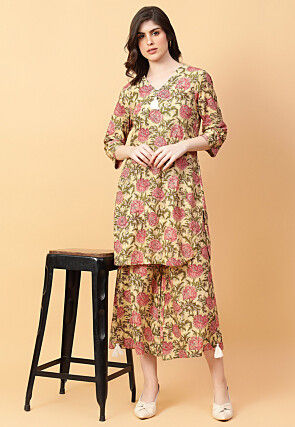 Digital Printed Cotton Co Ord Set in Beige