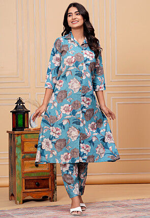 Digital Printed Cotton Co Ord Set in Blue