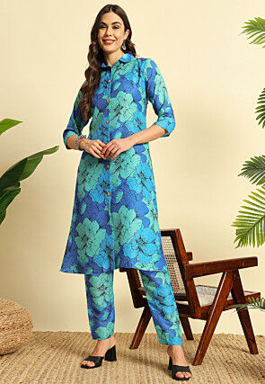 Digital Printed Cotton Co Ord Set in Blue