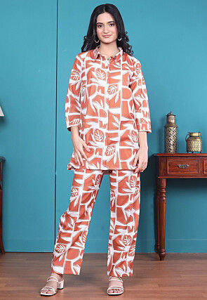 Digital Printed Cotton Co Ord Set in Cream and Brown
