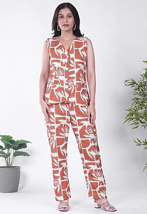 Digital Printed Cotton Co Ord Set in Cream and Brown