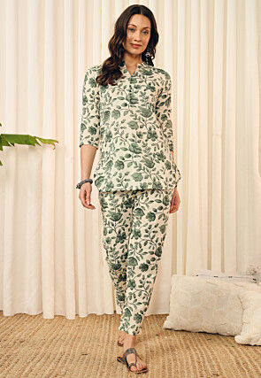 Digital Printed Cotton Co Ord Set in Cream