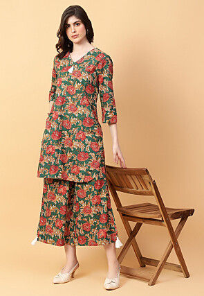 Digital Printed Cotton Co Ord Set in Dark Green