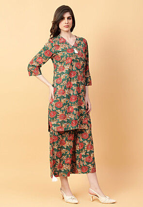 Digital Printed Cotton Co Ord Set in Dark Green