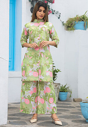 Green Floral Printed A-Line Kurta & Pants Co-Ord Set
