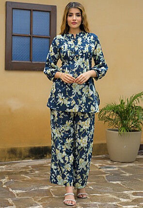 Digital Printed Cotton Co Ord Set in Navy Blue