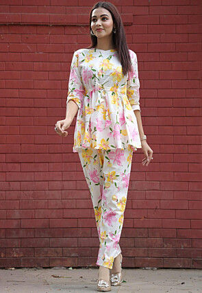 Digital Printed Cotton Co Ord Set in Off White and Multicolor