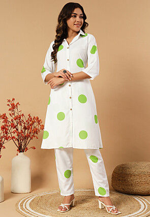 Digital Printed Cotton Co Ord Set in Off White