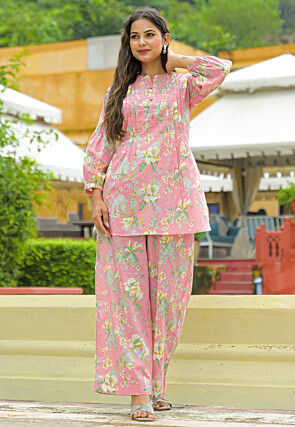 Digital Printed Cotton Co Ord Set in Pink