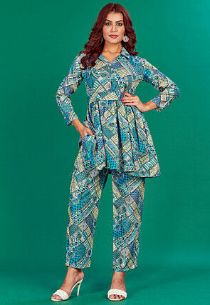 Digital Printed Cotton Co Ord Set in Teal Blue and Multicolor
