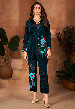 Digital Printed Cotton Co Ord Set in Teal Blue