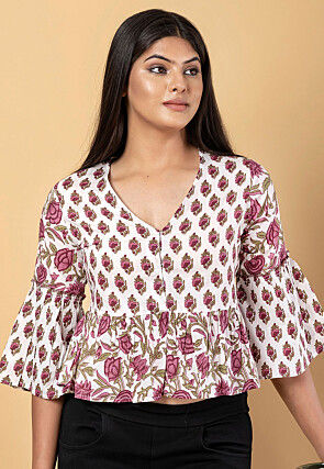Digital Printed Cotton Crop Top in White