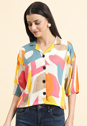 Digital Printed Cotton Crushed Top in Off White