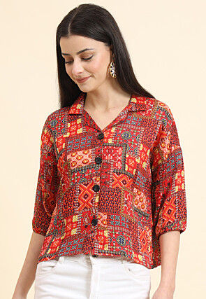 Digital Printed Cotton Crushed Top in Red
