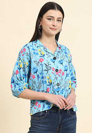 Digital Printed Cotton Crushed Top in Sky Blue