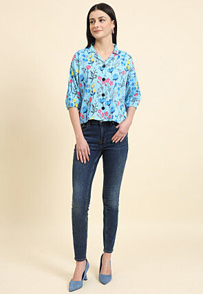 Digital Printed Cotton Crushed Top in Sky Blue