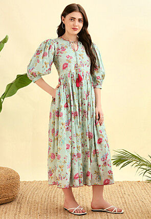 Digital Printed Cotton Dress in Light Green