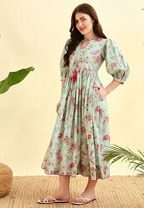 Digital Printed Cotton Dress in Light Green