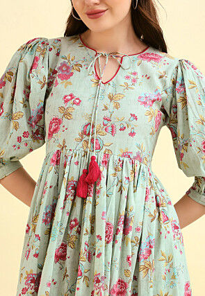 Digital Printed Cotton Dress in Light Green