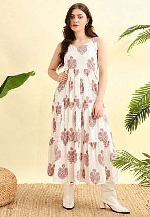 Digital Printed Cotton Dress in Off White