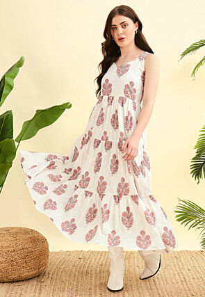 Digital Printed Cotton Dress in Off White