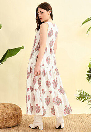 Digital Printed Cotton Dress in Off White