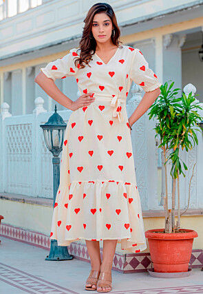 Digital Printed Cotton Fit N Flare Dress in Cream