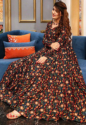 Digital Printed Cotton Flared Gown in Black