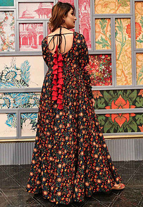 Digital Printed Cotton Flared Gown in Black