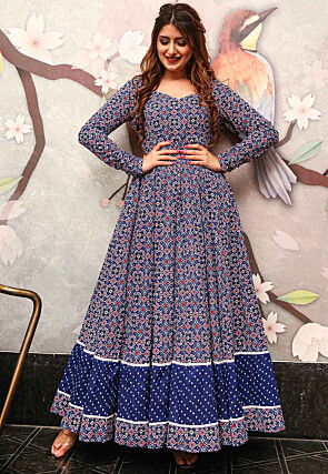 Digital Printed Cotton Flared Gown in Blue
