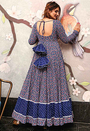 Digital Printed Cotton Flared Gown in Blue