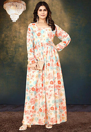 Digital Printed Cotton Flared Gown in Cream