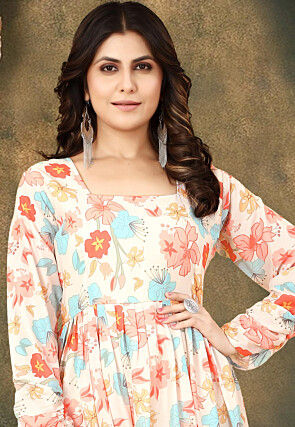 Digital Printed Cotton Flared Gown in Cream