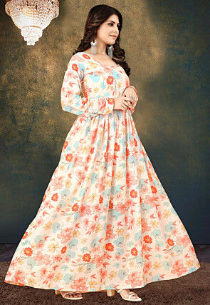Digital Printed Cotton Flared Gown in Cream