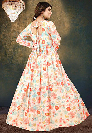 Digital Printed Cotton Flared Gown in Cream